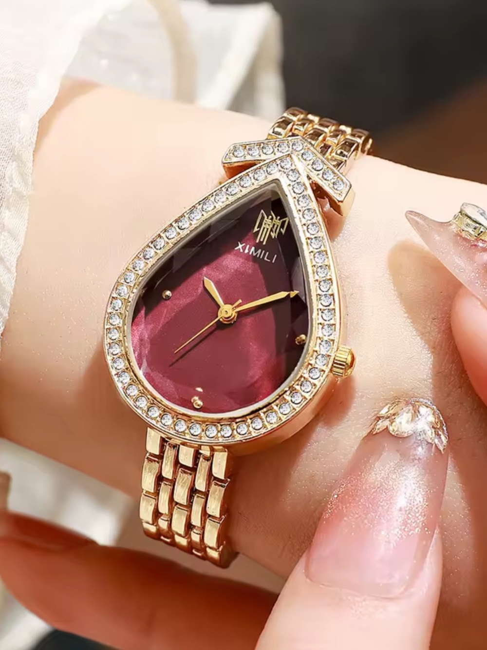 & Other Stories Gold-Tone Teardrop Watch with Burgundy Dial and Crystal Accents